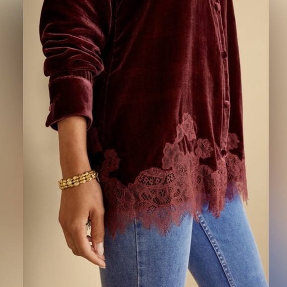 NEW Soft Surroundings Eden Rusty Burgundy Velvet Lace Top Shirt Size L - Picture 3 of 8